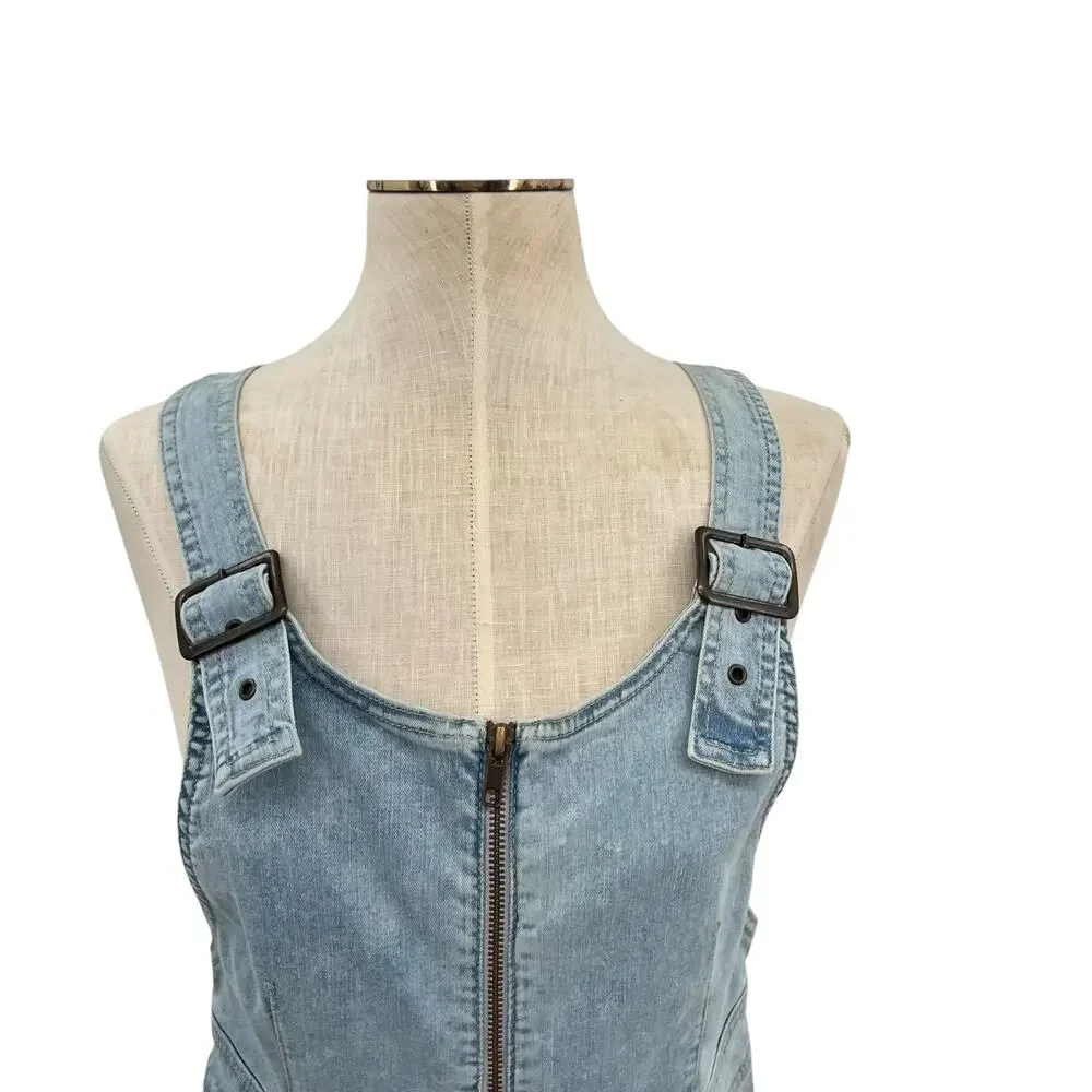 Free People Modern Femme Denim Jumper Dress Zip Front Overall Mini Size 10‎ NWT